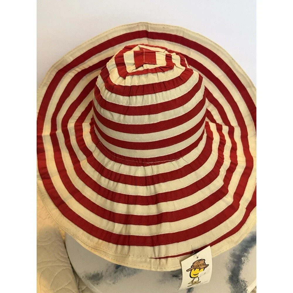 Sunbeater Co Womens Red Beige Striped Wired Brim Sun Hat NWT Beach Cap OS